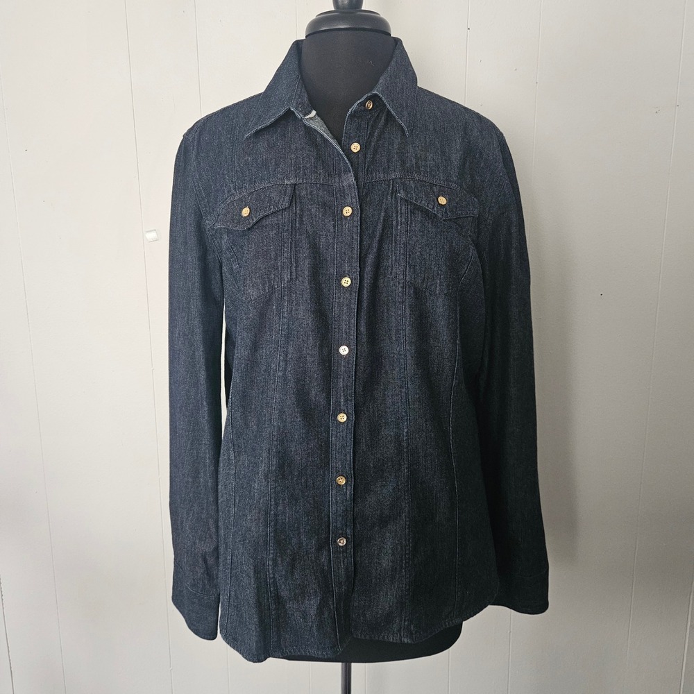 Womens Denim Button Down Shirt Size 14 Dark Wash Cotton Modern Classic Shirt